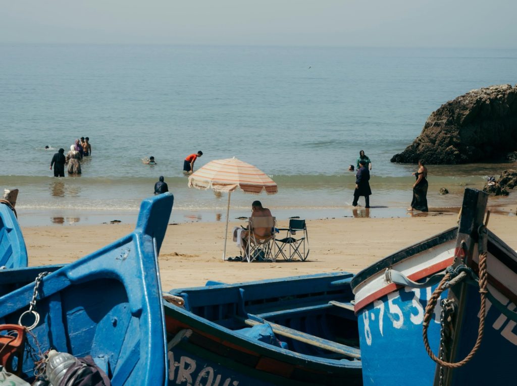 beach agadir morocco blue boat